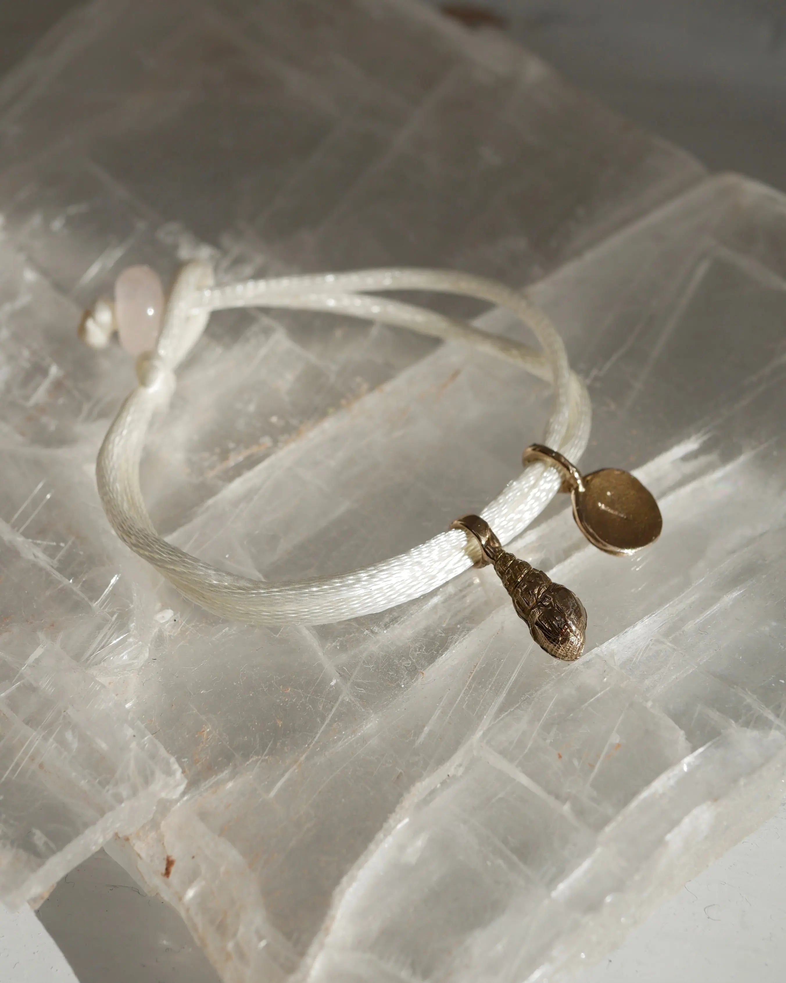 Charm Bracelet – White Satin Cord with Gemstone Rose quartz Closure CharityGoodz