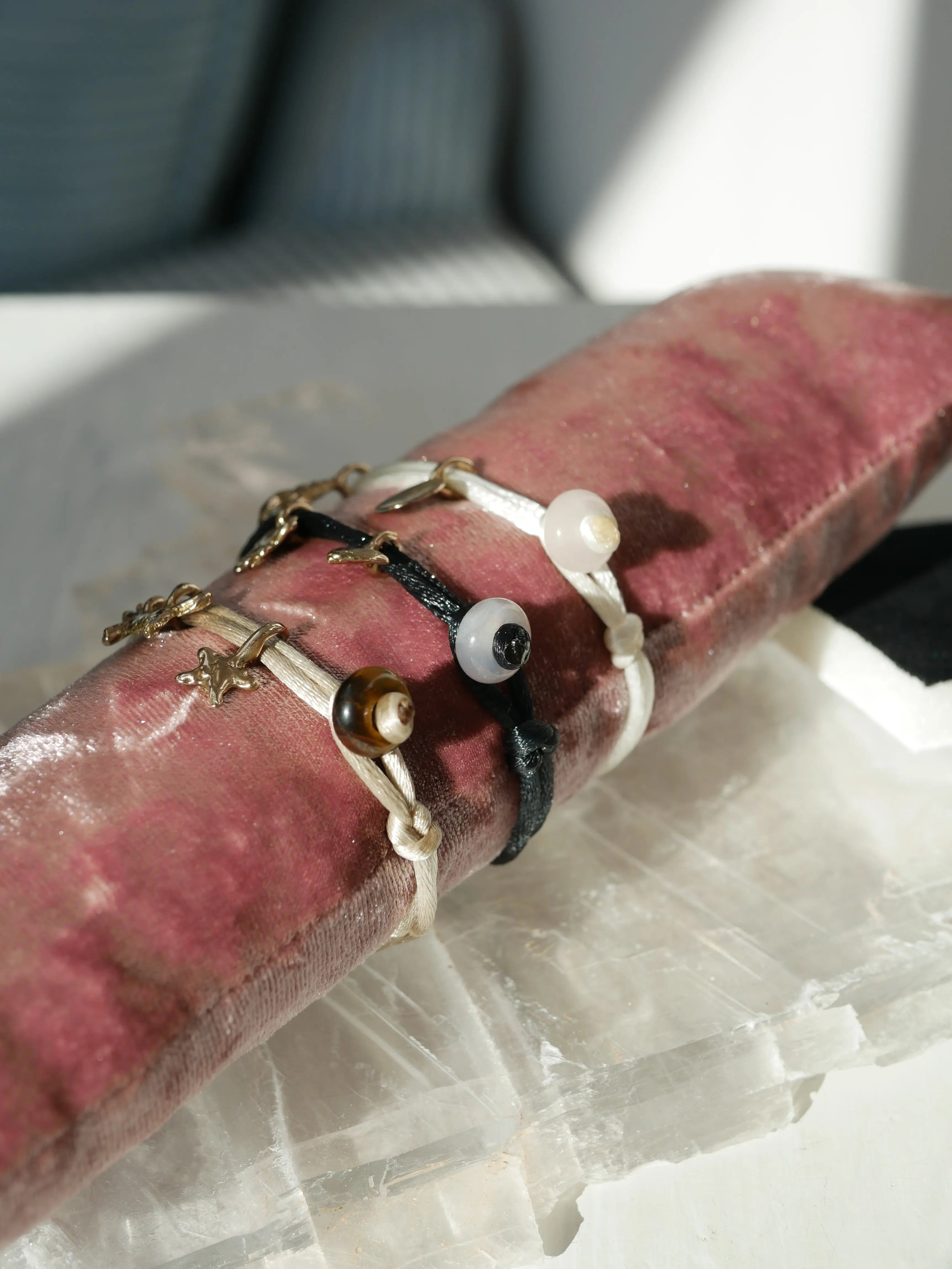 Charm Bracelet – White Satin Cord with Gemstone Rose quartz Closure CharityGoodz